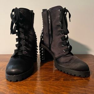 Chinese Laundry Studded Black Satin Faux Lace-up Combat Boot